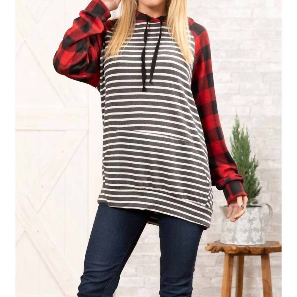 NEW GRATEFUL HEARTS buffalo plaid with charcoal stripe hoodie top in red black